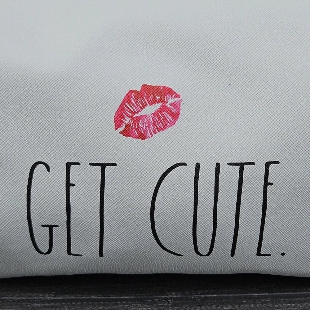 NEW! Rae Dunn “GET CUTE” Cosmetics Makeup Case Bag Pouch White Red Kiss Lips